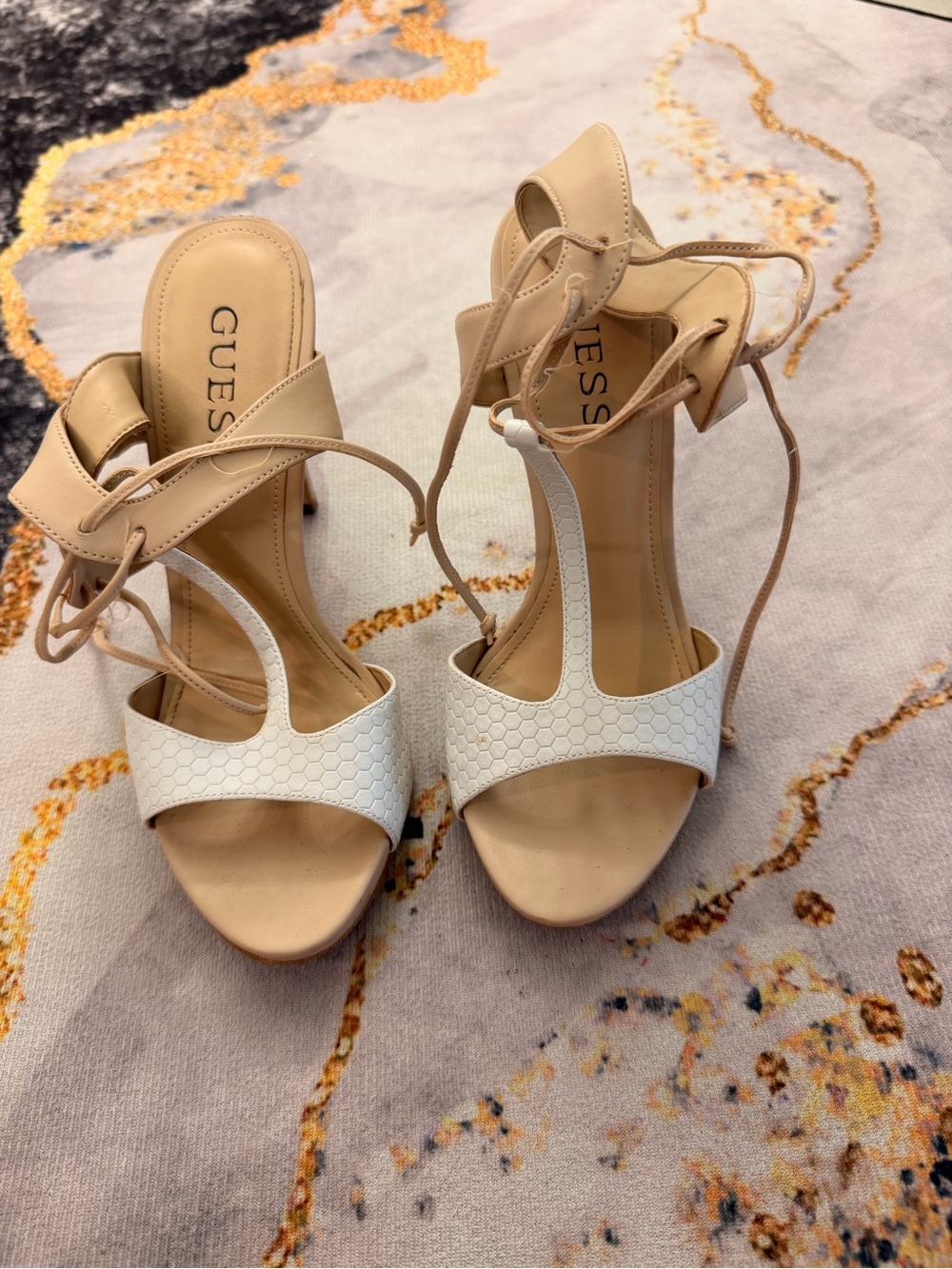 GUESS Nude and White T-Strap Lace-Up Heeled Sandals